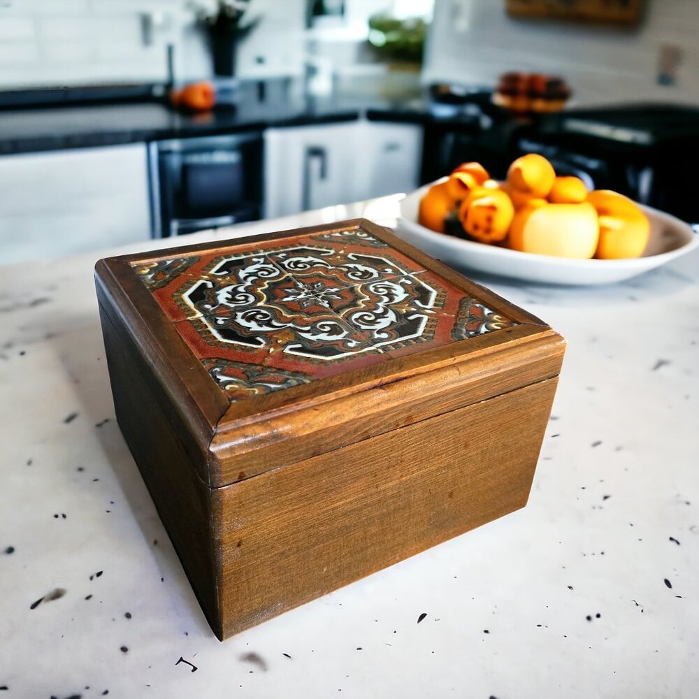 HANDMADE WOODEN BOX Vintage with Ceramic, Marble Top for Cigars, Tobacco, Je…